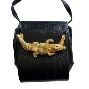 Vintage Black Croc Embossed Leather Crossbody Bag Gold Alligator Clasp Mobwife